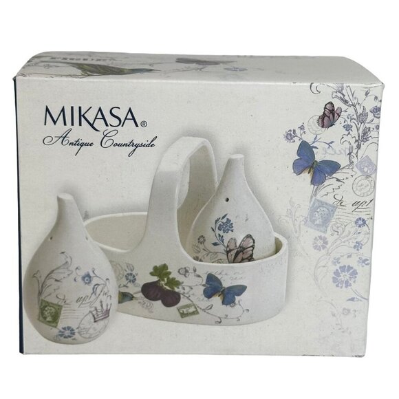 NEW Mikasa Antique Countryside Salt & Pepper Set With Caddy - Picture 1 of 12